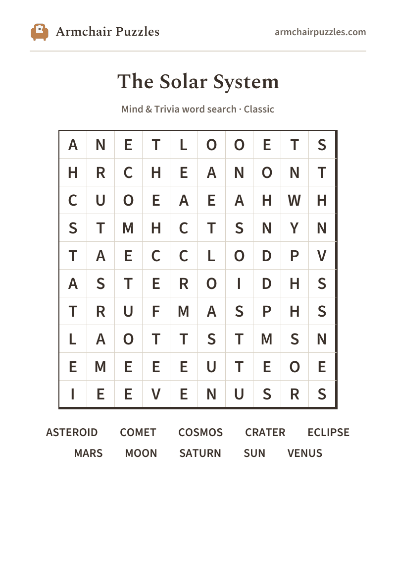 The printable The Solar System word search sheet
