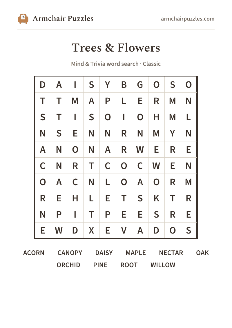 The printable Trees & Flowers word search sheet