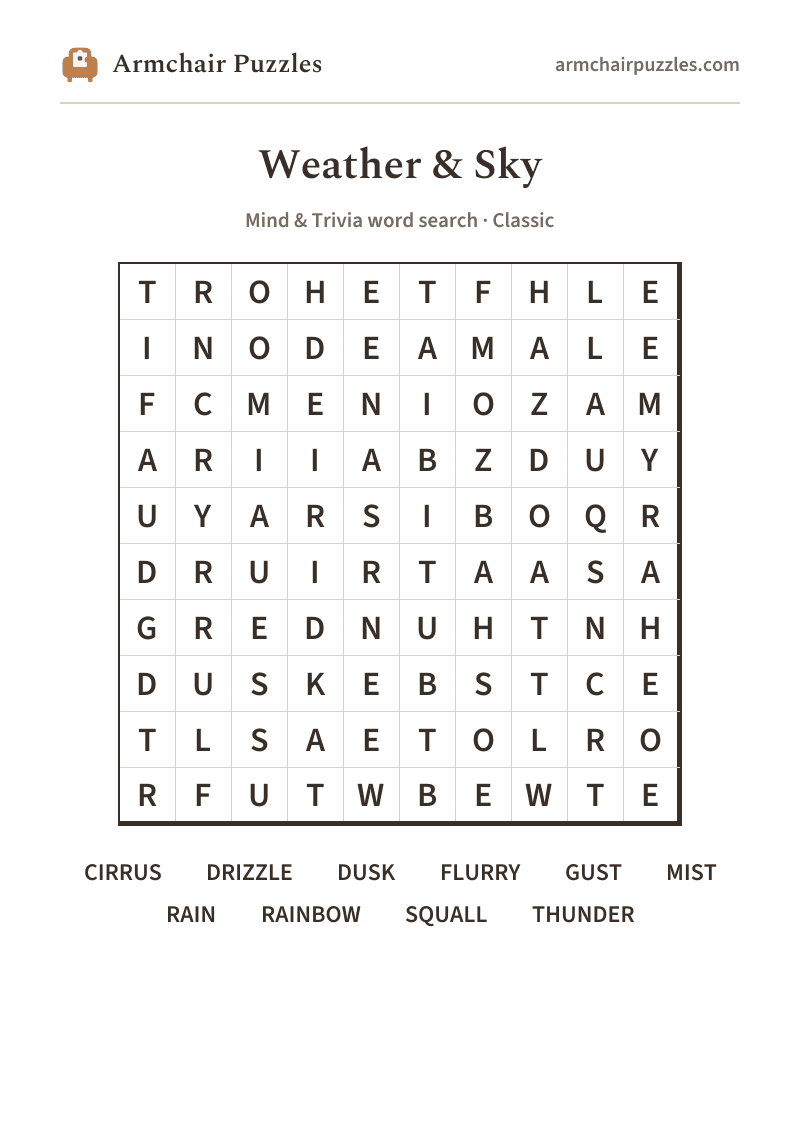 The printable Weather & Sky word search sheet