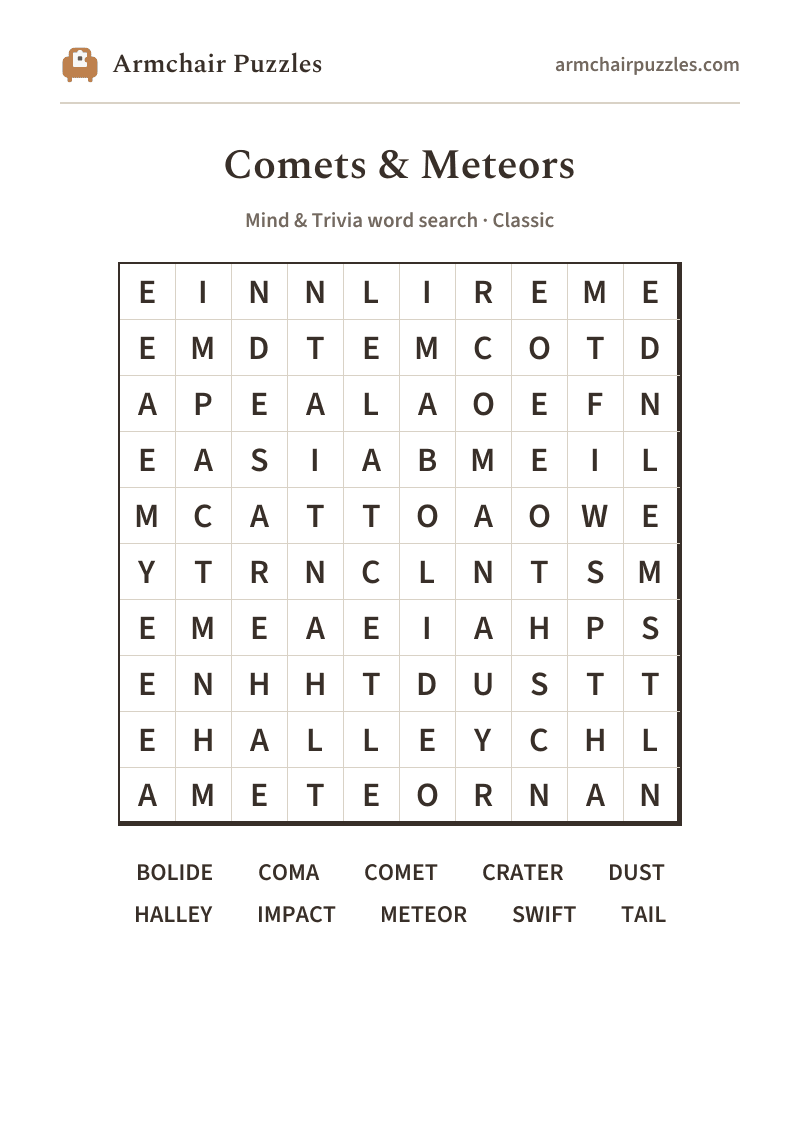 The printable Comets & Meteors word search sheet