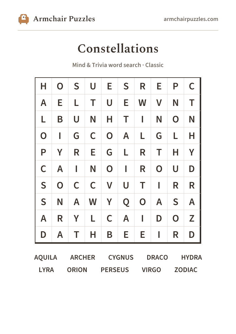 The printable Constellations word search sheet
