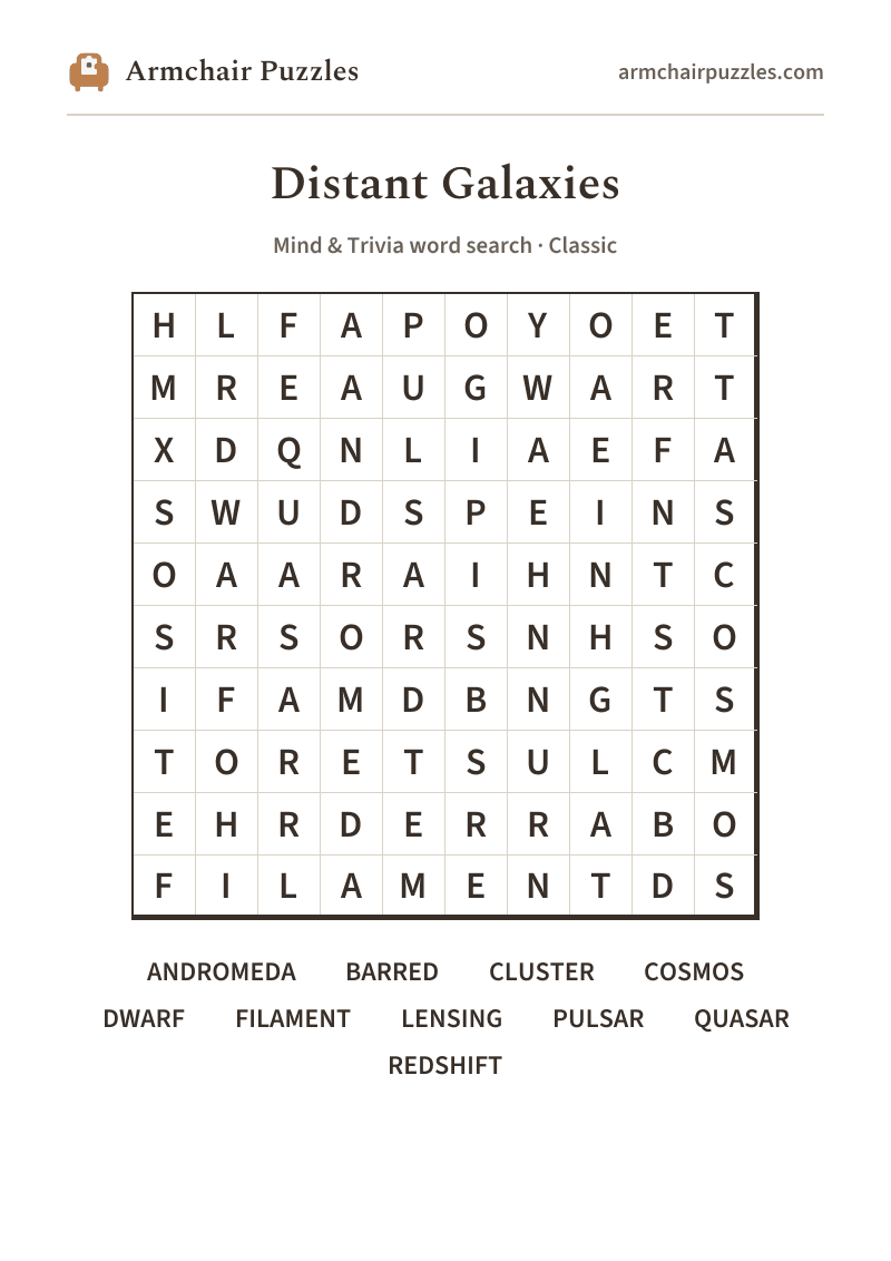 The printable Distant Galaxies word search sheet