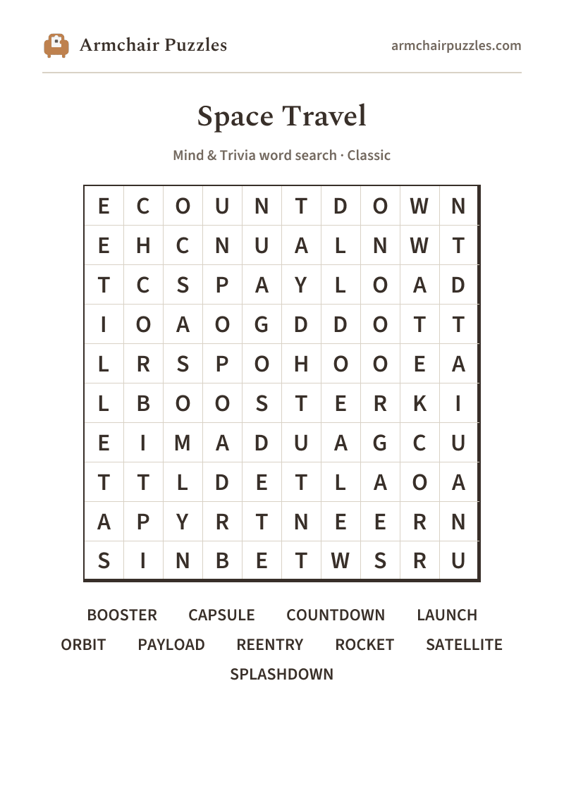 The printable Space Travel word search sheet