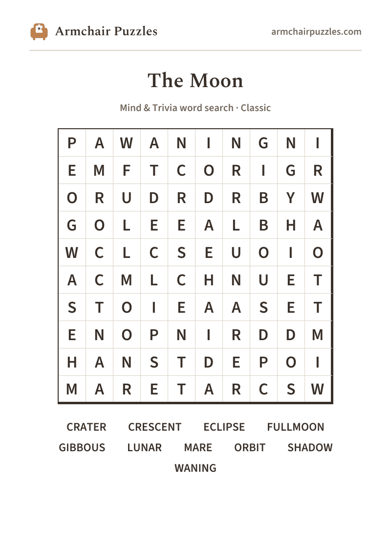 The printable The Moon word search sheet