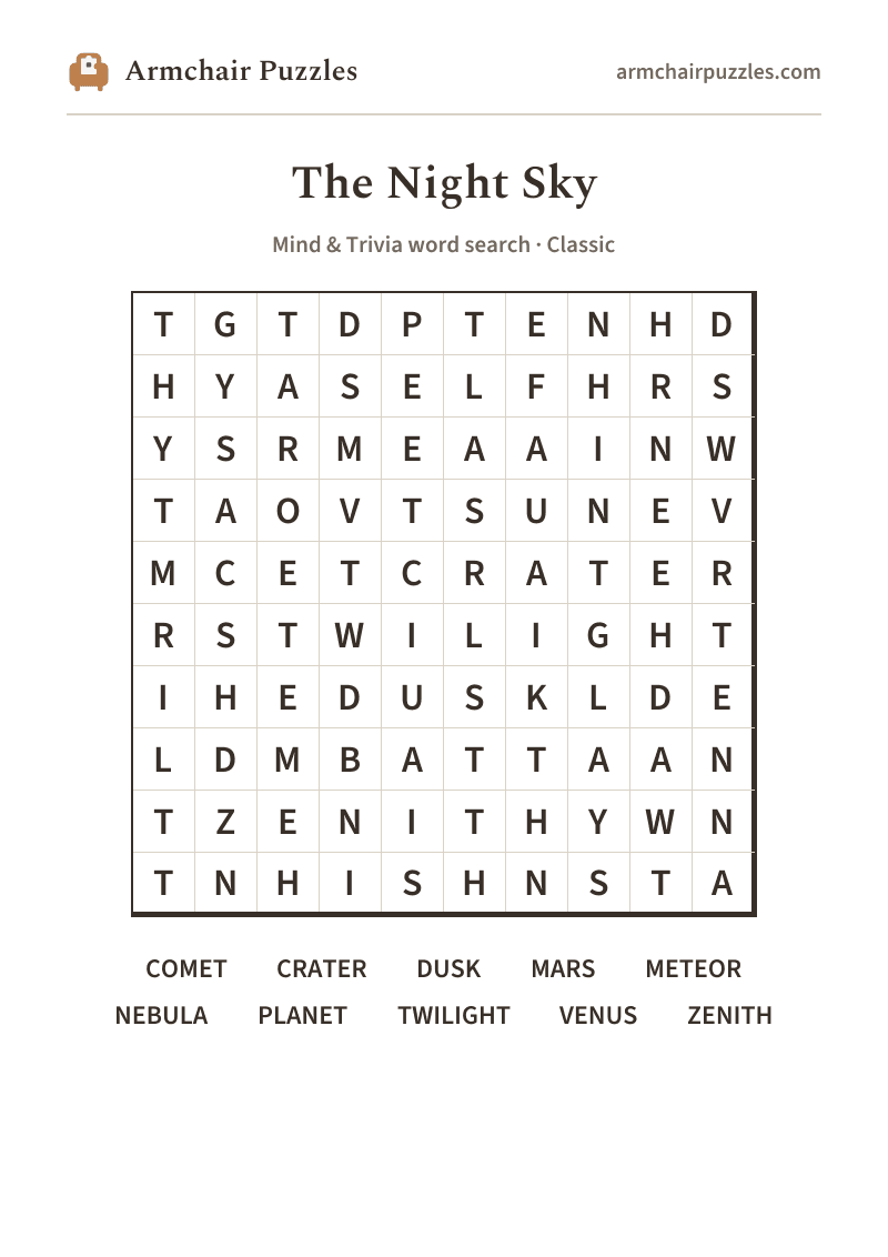 The printable The Night Sky word search sheet