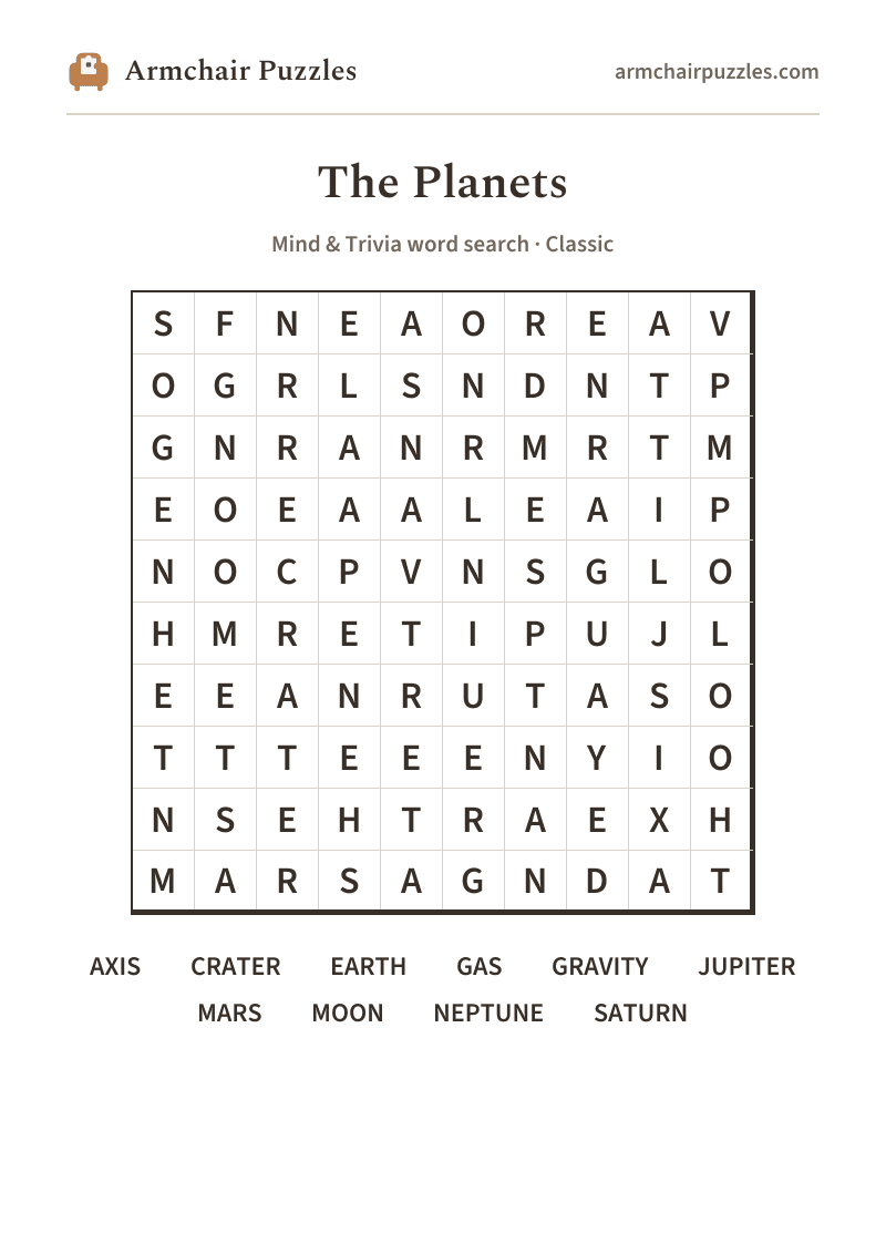 The printable The Planets word search sheet