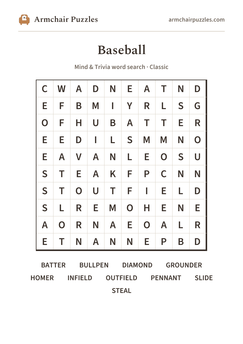 The printable Baseball word search sheet