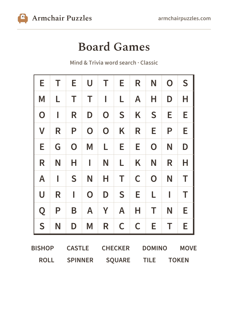 The printable Board Games word search sheet