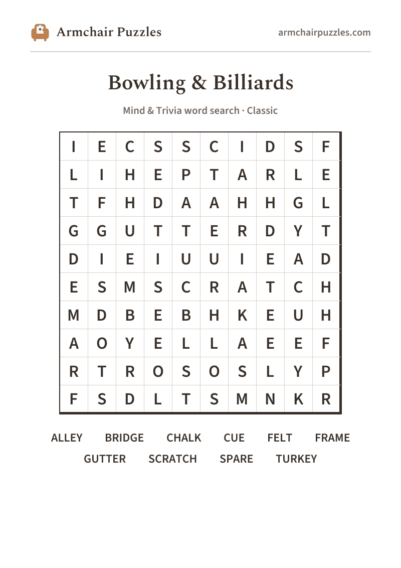 The printable Bowling & Billiards word search sheet