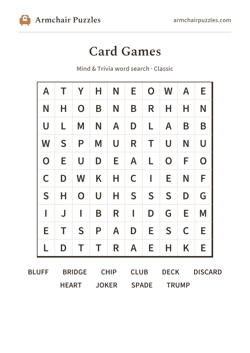 The printable Card Games word search sheet