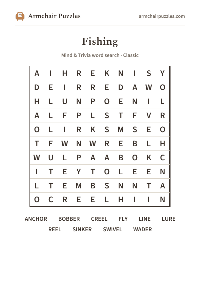 The printable Fishing word search sheet