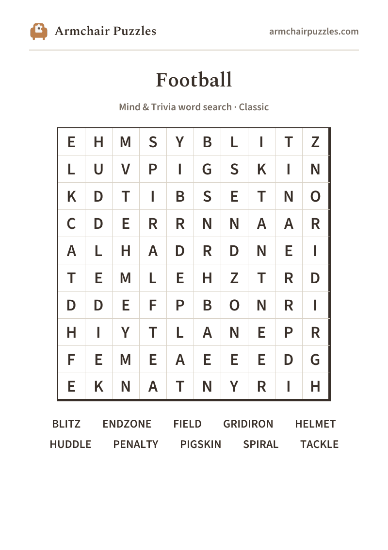 The printable Football word search sheet