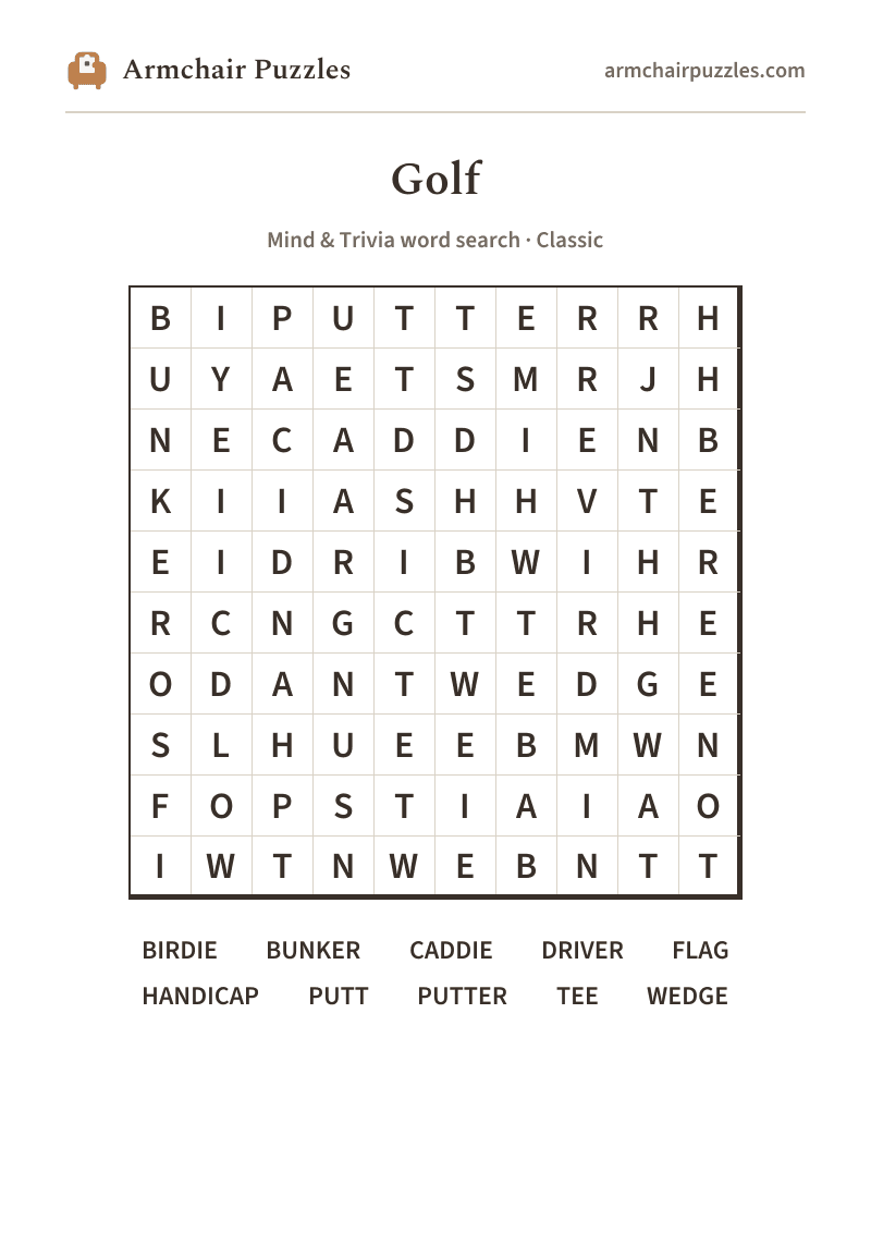 The printable Golf word search sheet