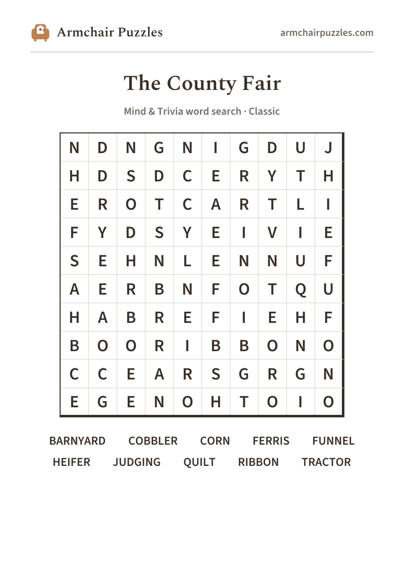 The printable The County Fair word search sheet