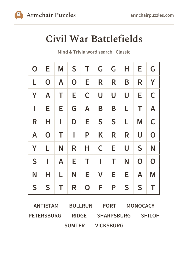The printable Civil War Battlefields word search sheet in large print