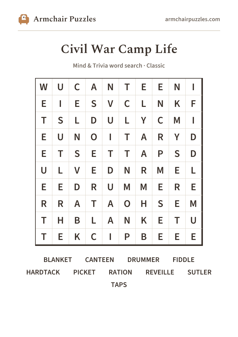 The printable Civil War Camp Life word search sheet