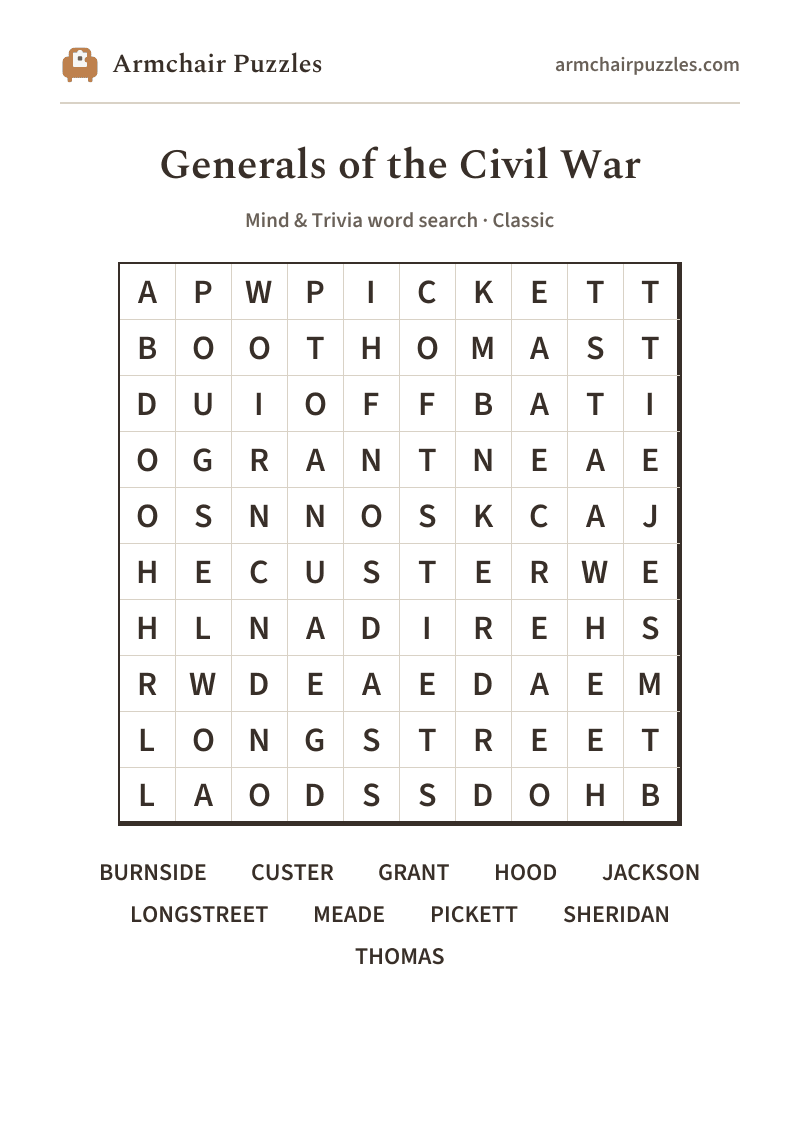 The printable Generals of the Civil War word search sheet