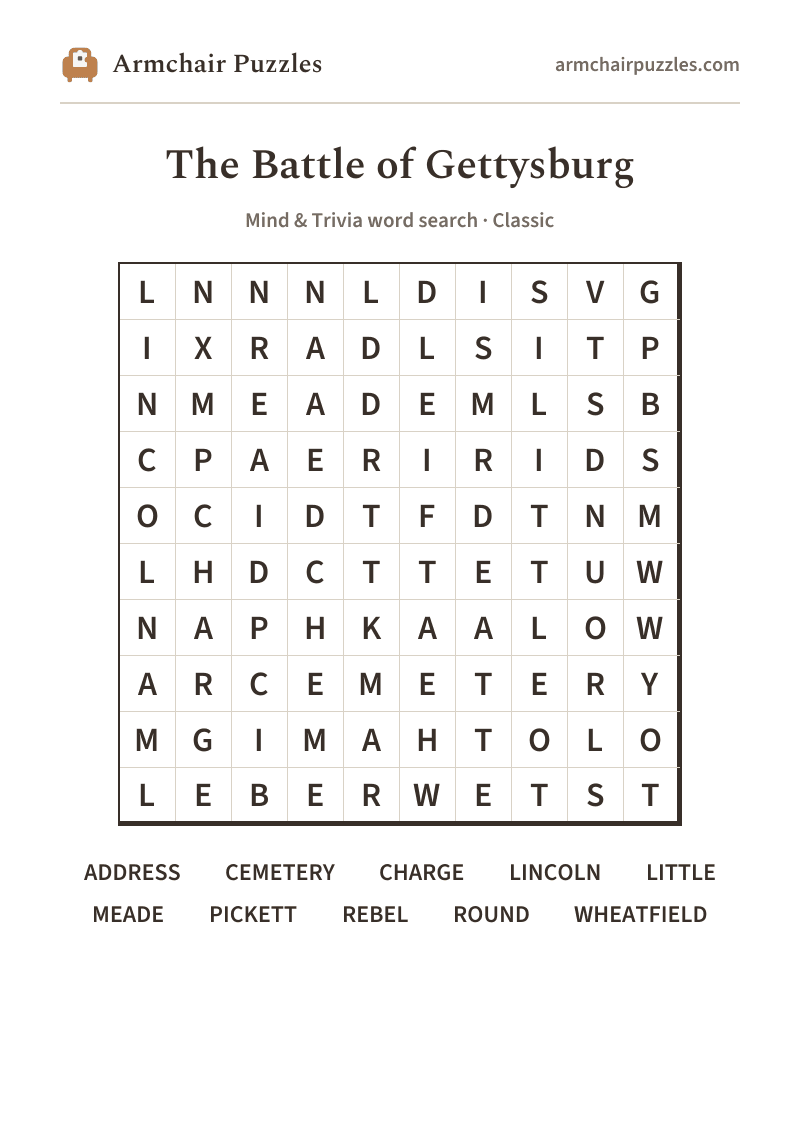 The printable The Battle of Gettysburg word search sheet
