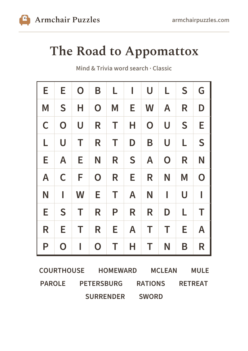 The printable The Road to Appomattox word search sheet in large print