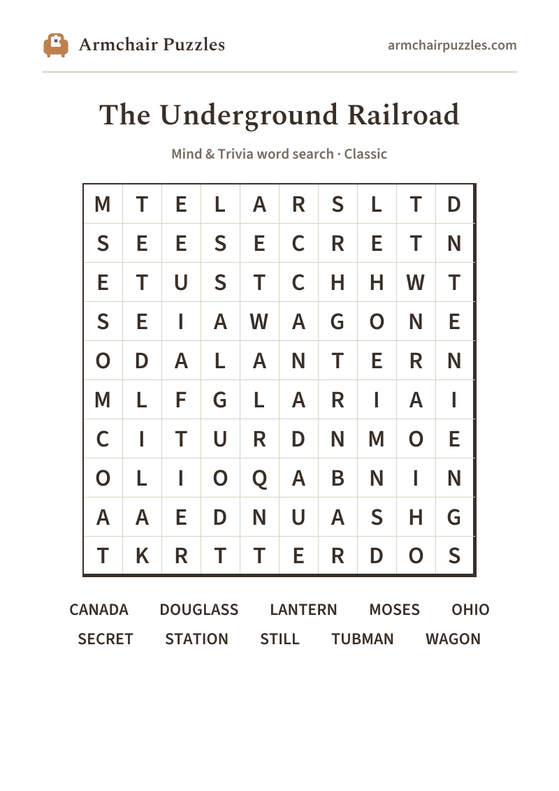 The printable The Underground Railroad word search sheet in large print