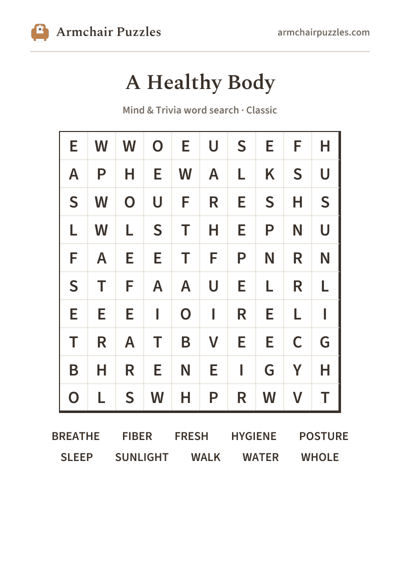 The printable A Healthy Body word search sheet: large-print Classic grid with its word list