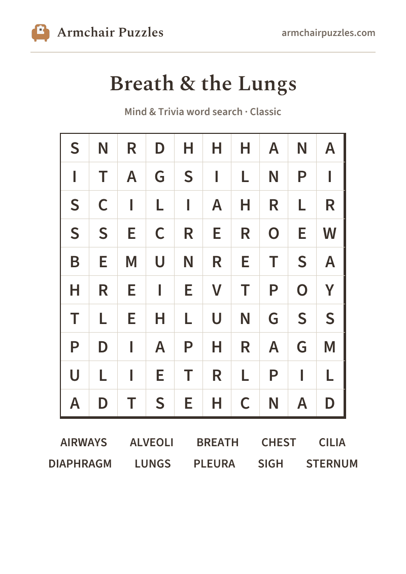 The printable Breath & the Lungs word search sheet in large print