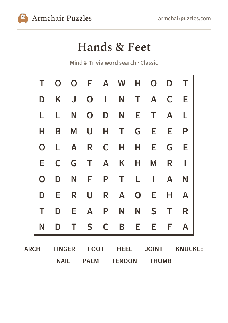 The printable Hands & Feet word search sheet: large-print Classic grid with its word list