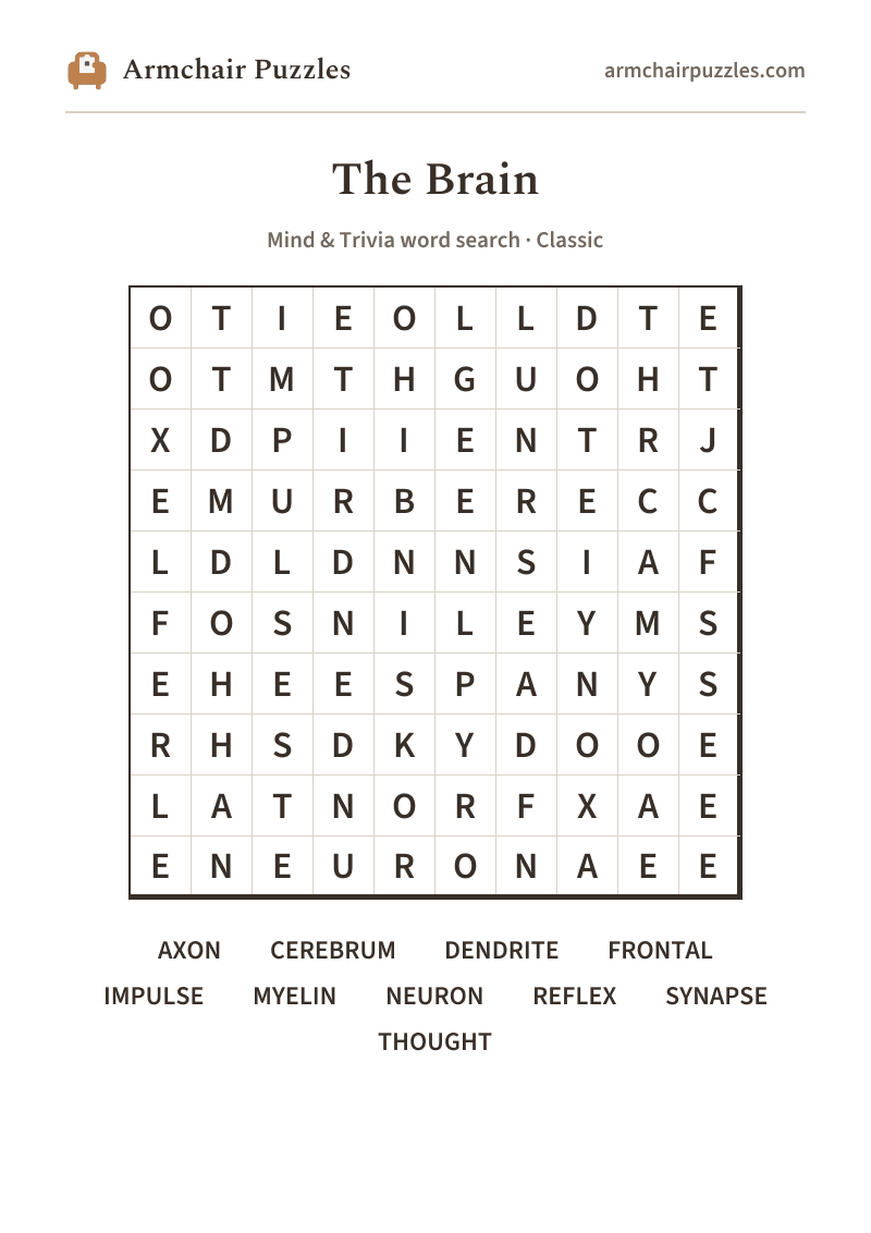 The printable The Brain word search sheet: large-print Classic grid with its word list