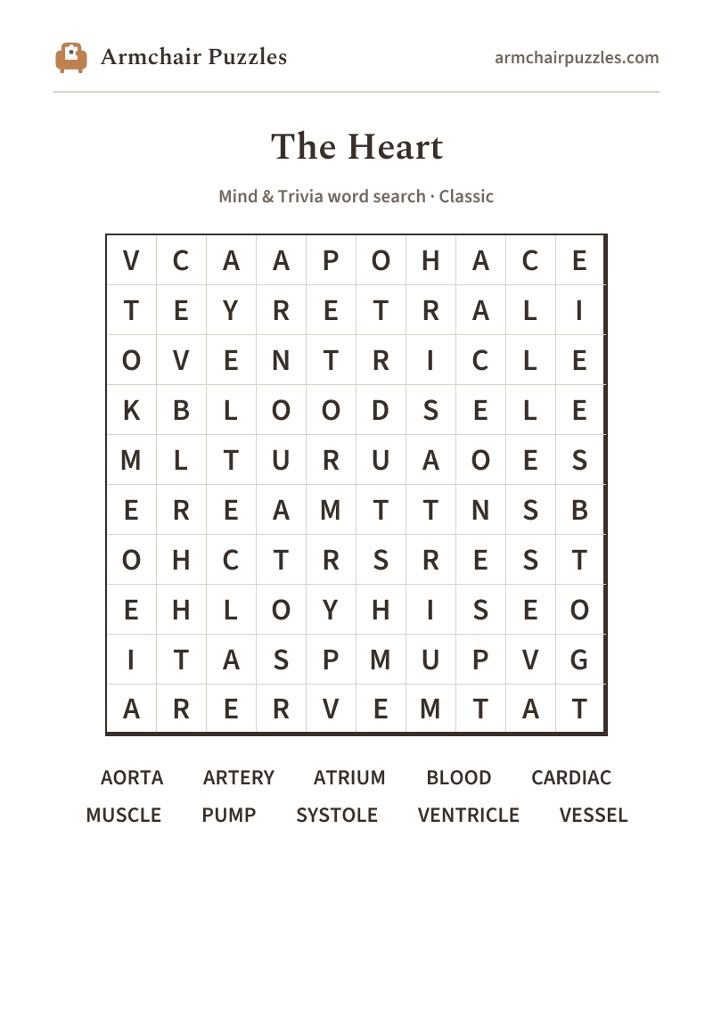 The printable The Heart word search sheet