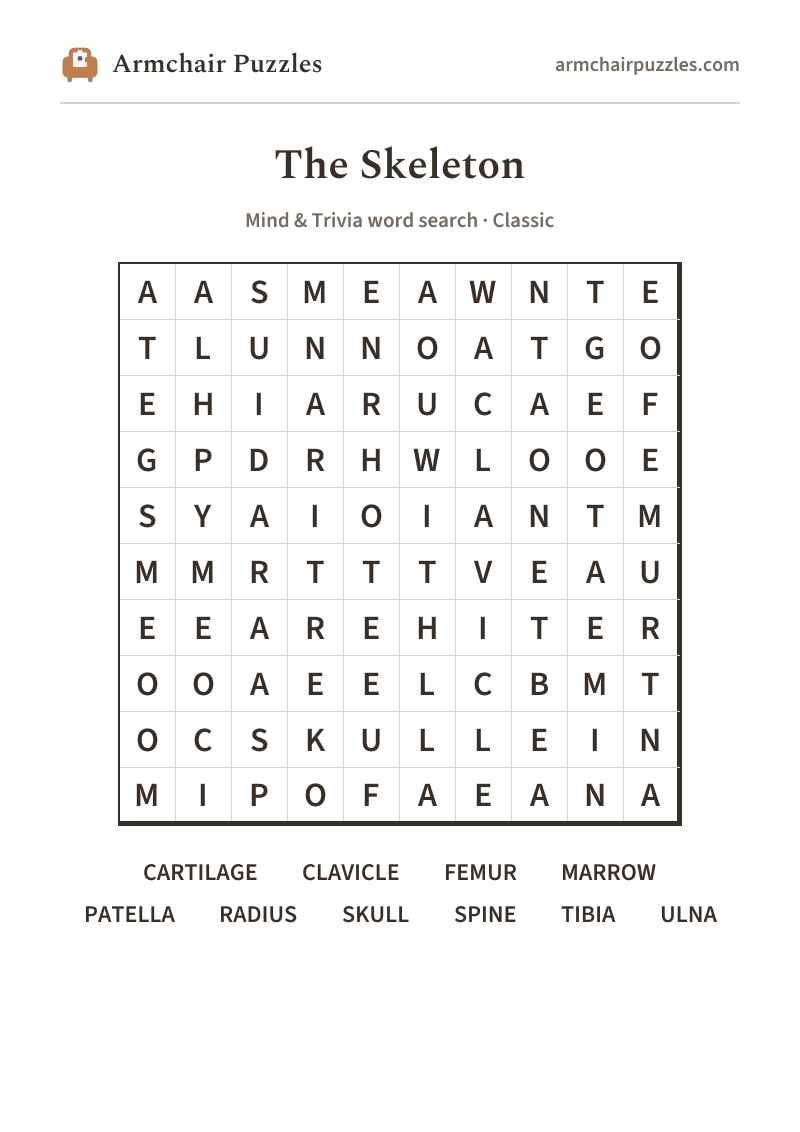 The printable The Skeleton word search sheet: large-print Classic grid with its word list