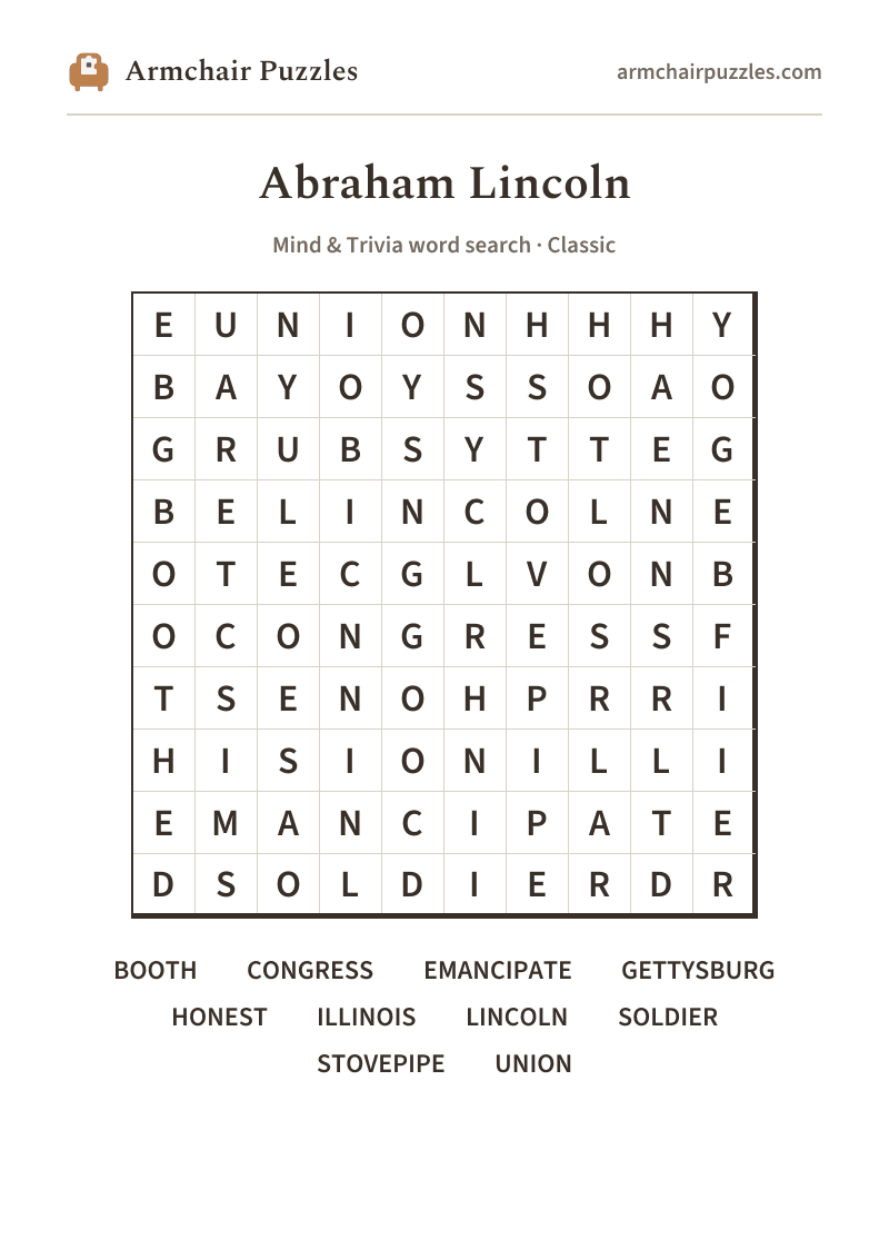 The printable Abraham Lincoln word search sheet in large print