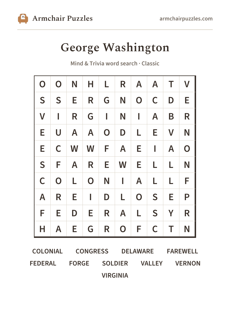 The printable George Washington word search sheet in large print