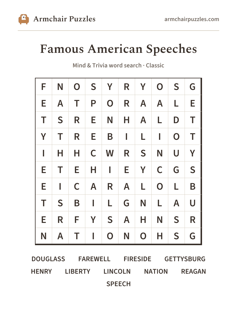 The printable Famous American Speeches word search sheet in large print