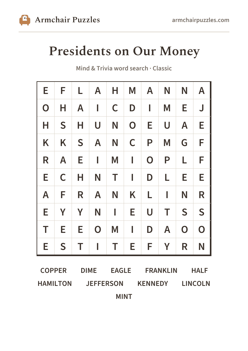 The printable Presidents on Our Money word search sheet