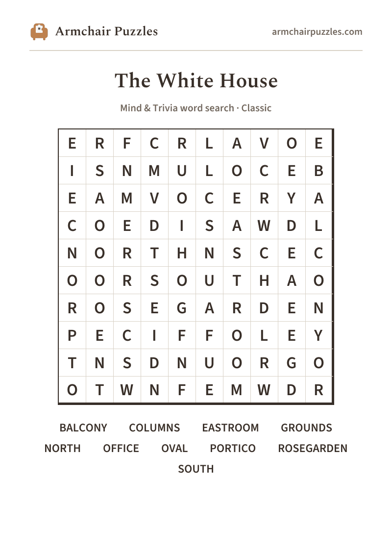 The printable The White House word search sheet