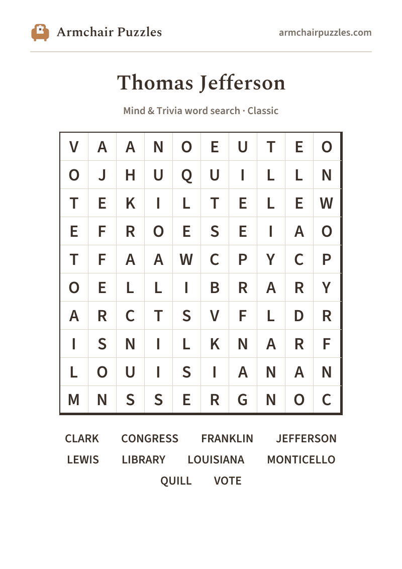 The printable Thomas Jefferson word search sheet in large print