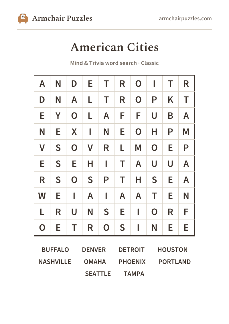 The printable American Cities word search sheet