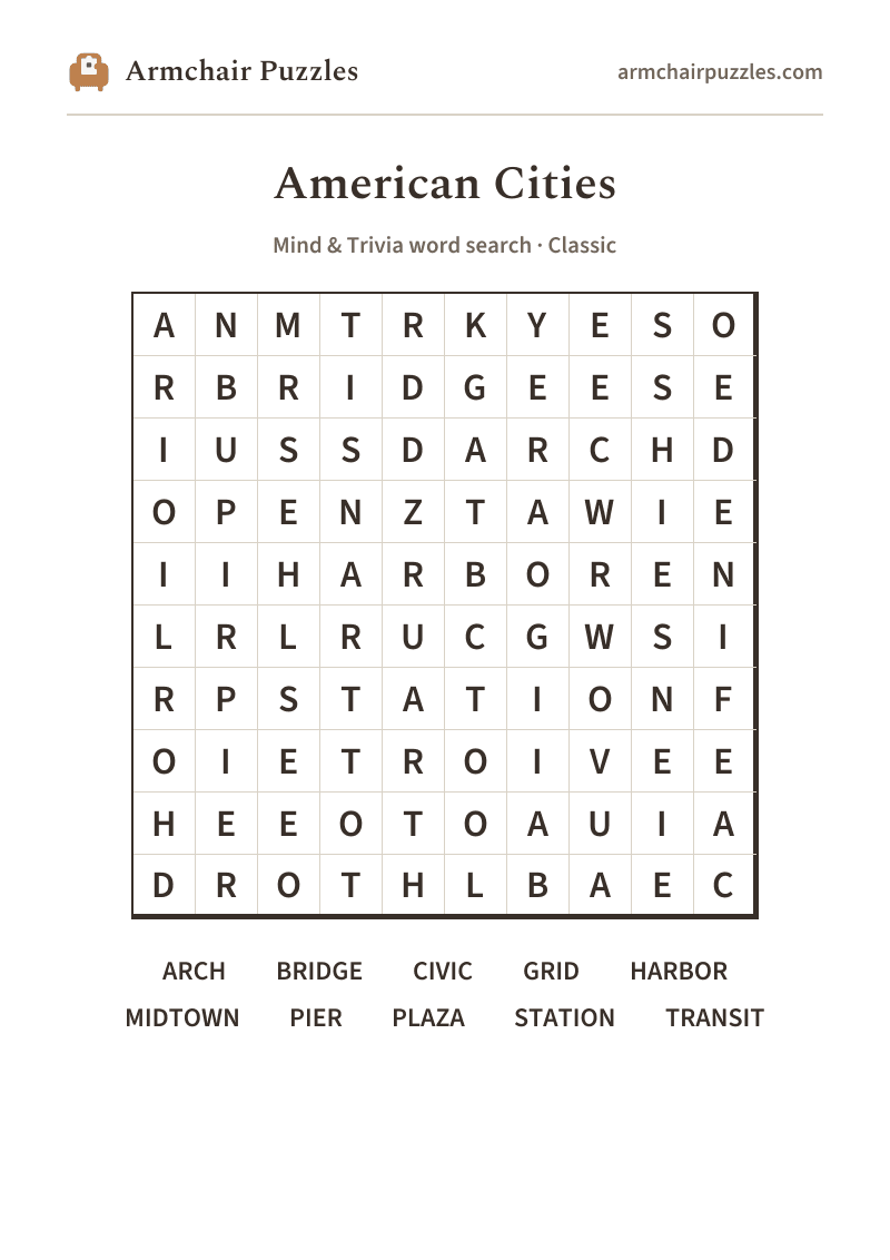 The printable American Cities word search sheet