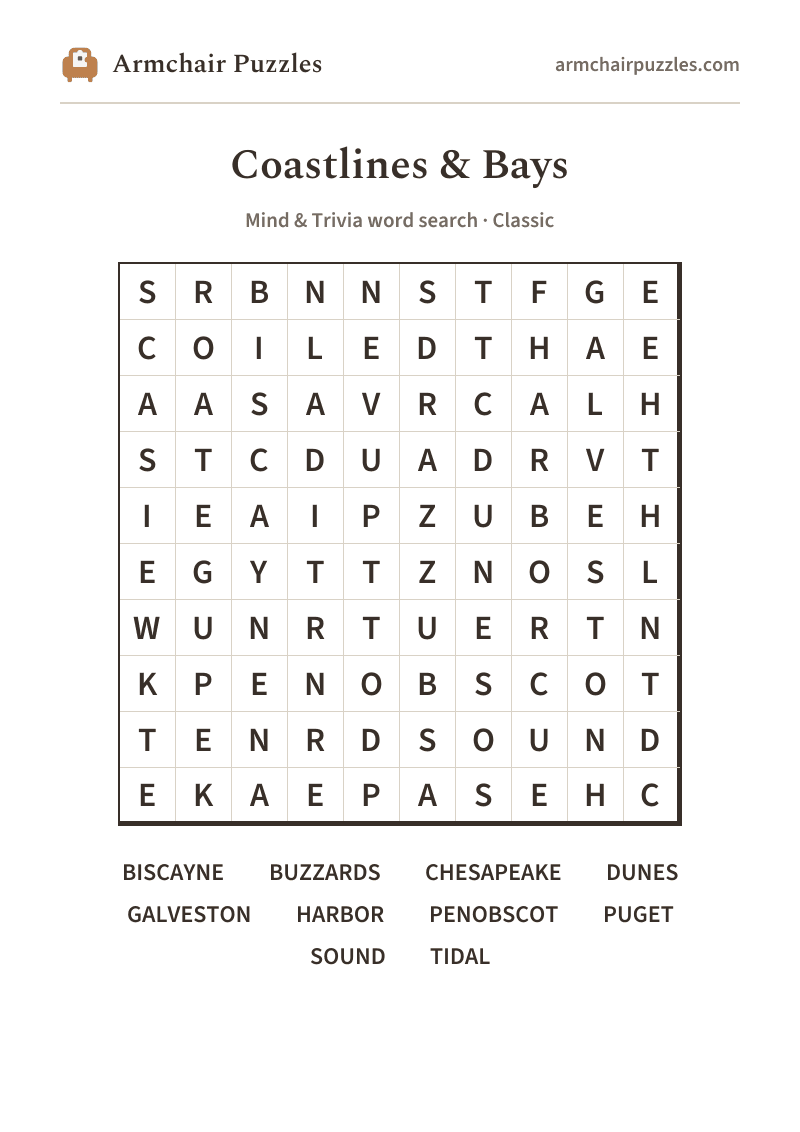 The printable Coastlines & Bays word search sheet