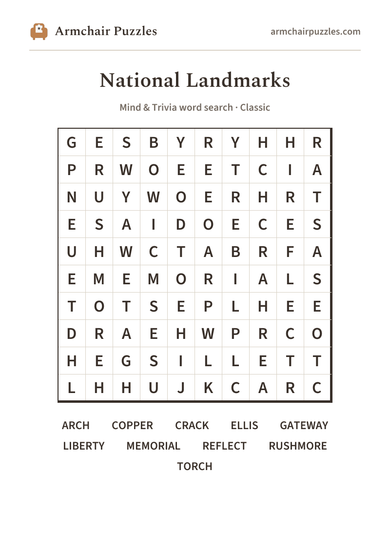 The printable National Landmarks word search sheet