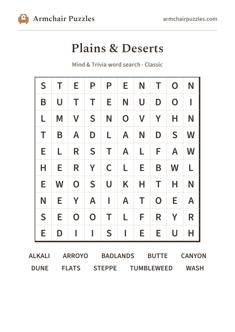 The printable Plains & Deserts word search sheet