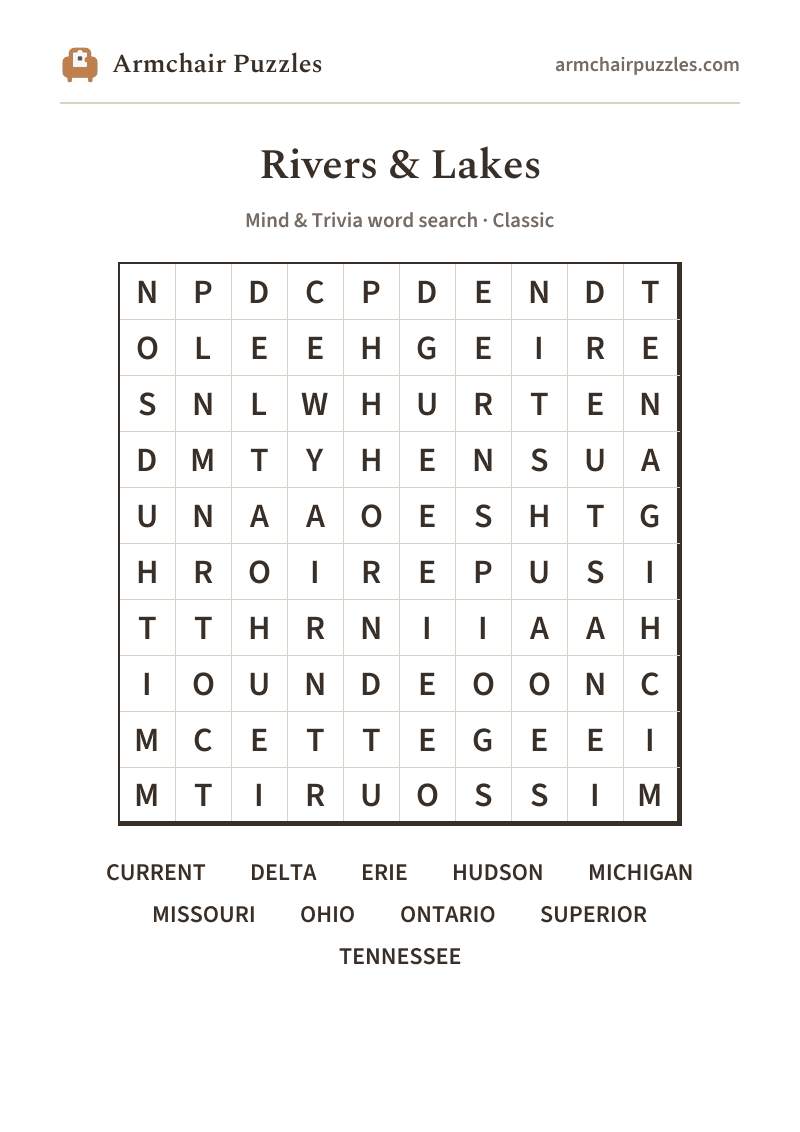The printable Rivers & Lakes word search sheet