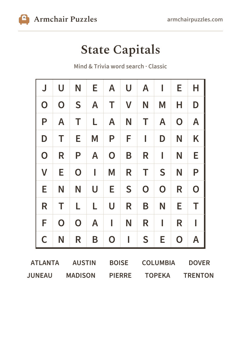 The printable State Capitals word search sheet