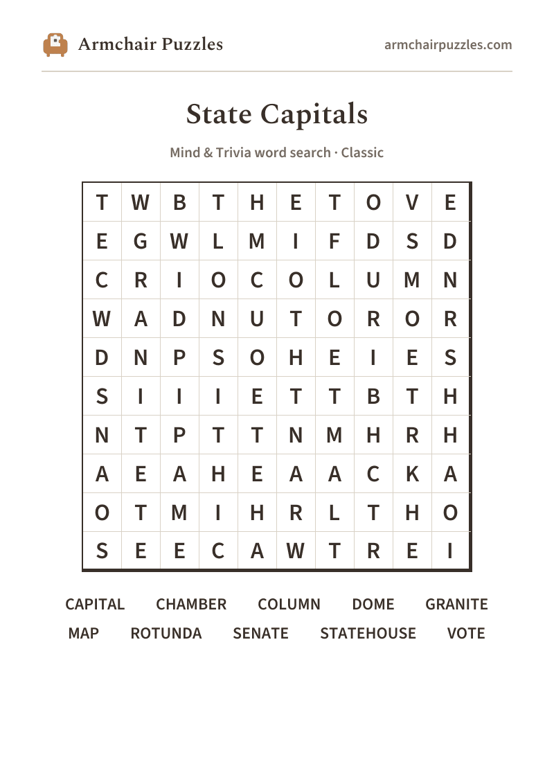 The printable State Capitals word search sheet