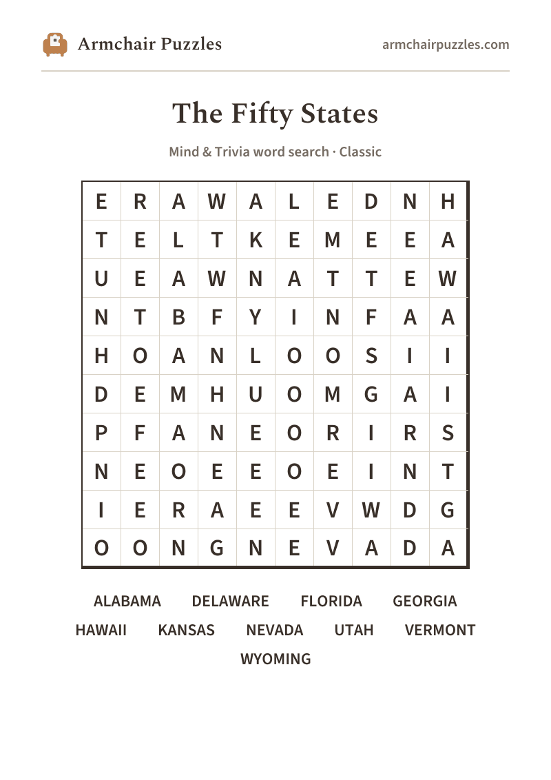 The printable The Fifty States word search sheet: large-print Classic grid with its word list