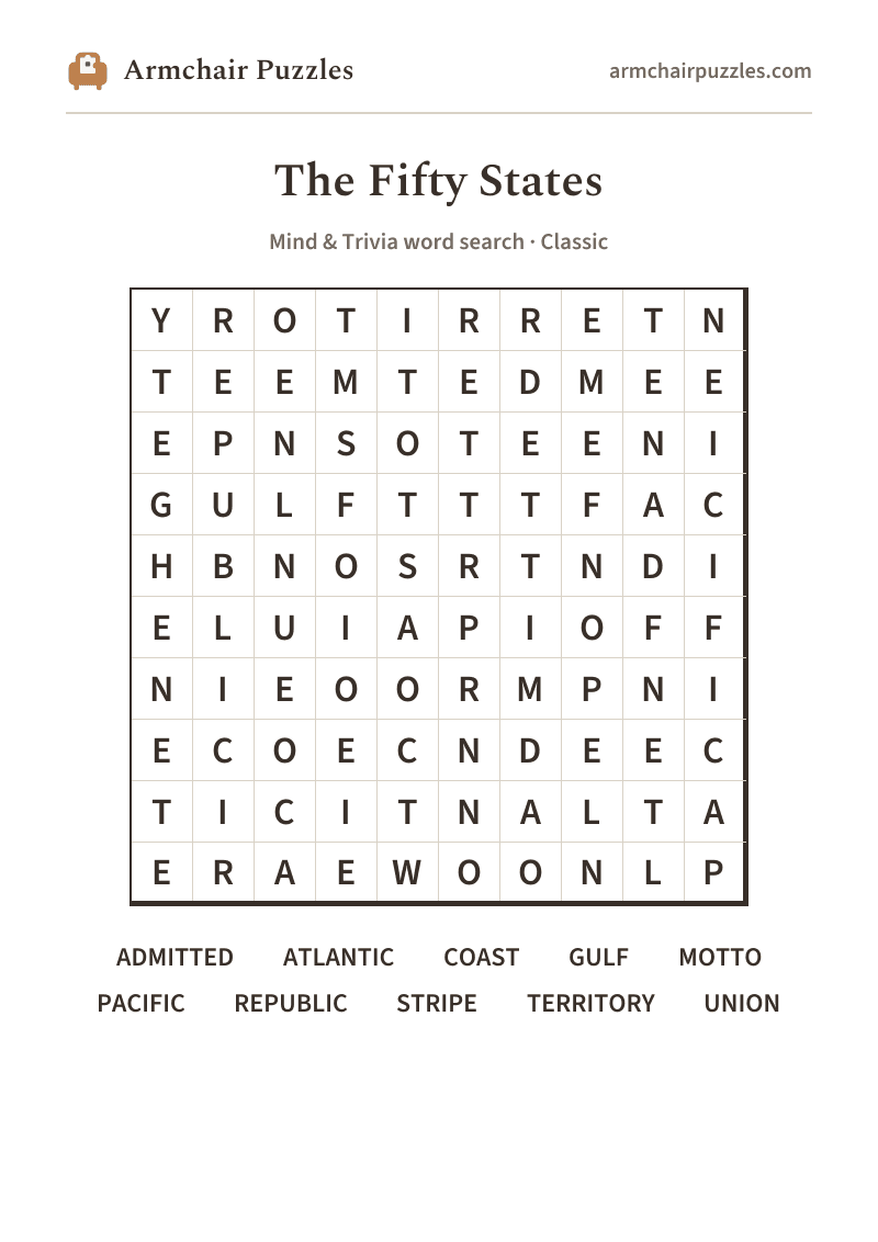 The printable The Fifty States word search sheet