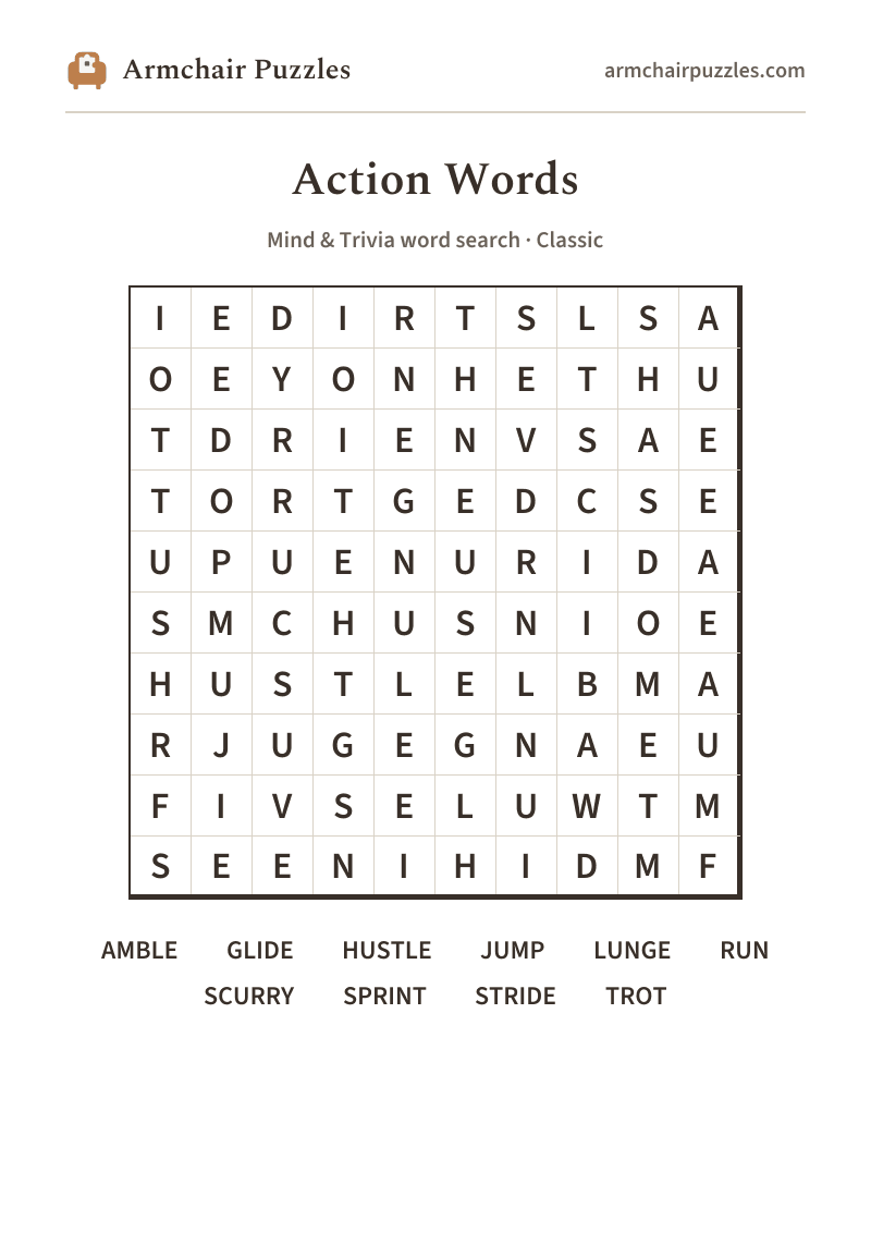The printable Action Words word search sheet