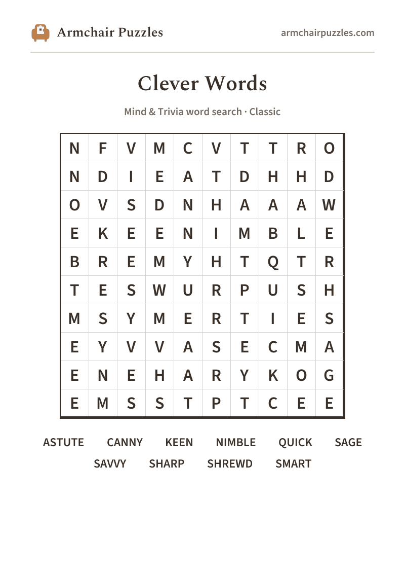 The printable Clever Words word search sheet: large-print Classic grid with its word list