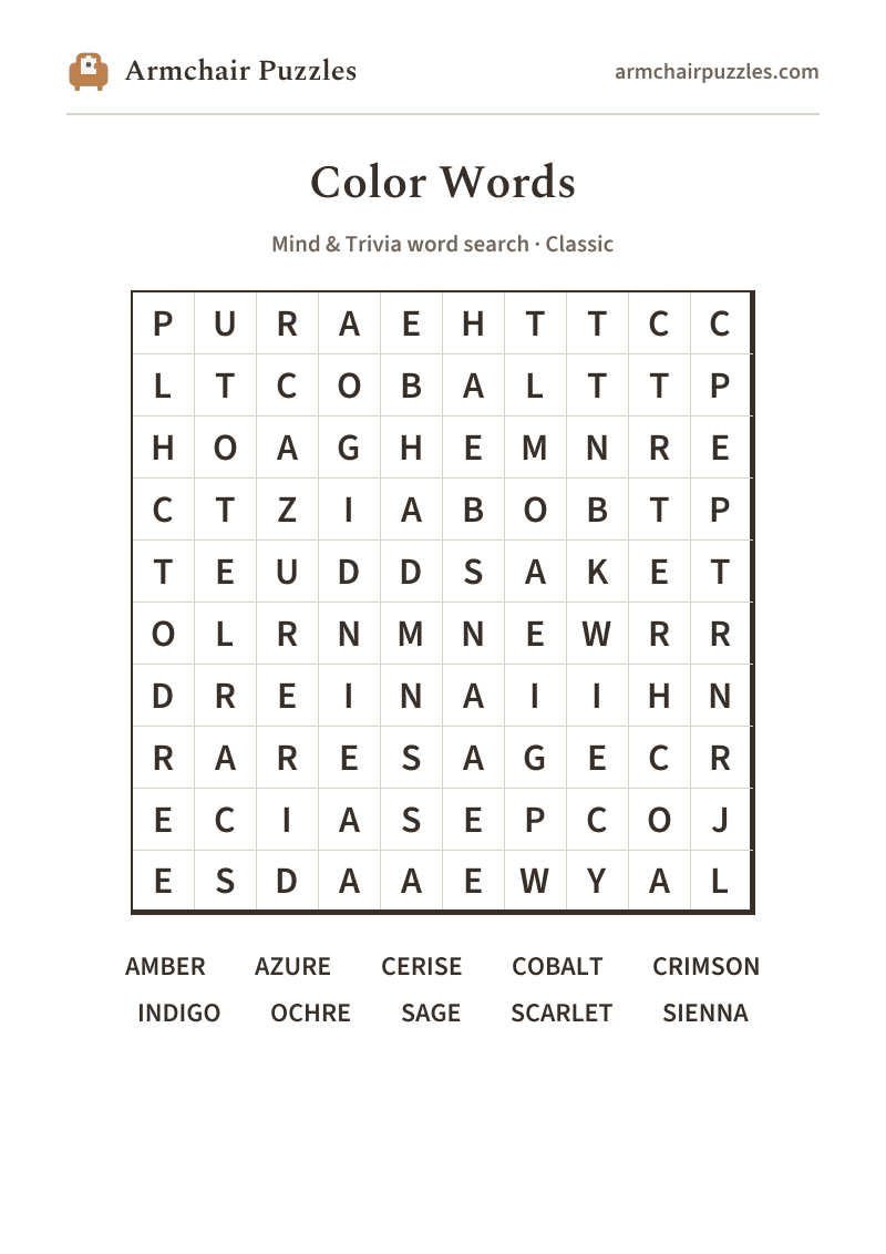 The printable Color Words word search sheet
