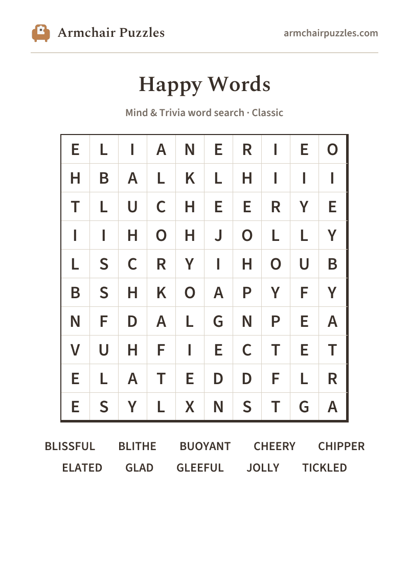 The printable Happy Words word search sheet in large print